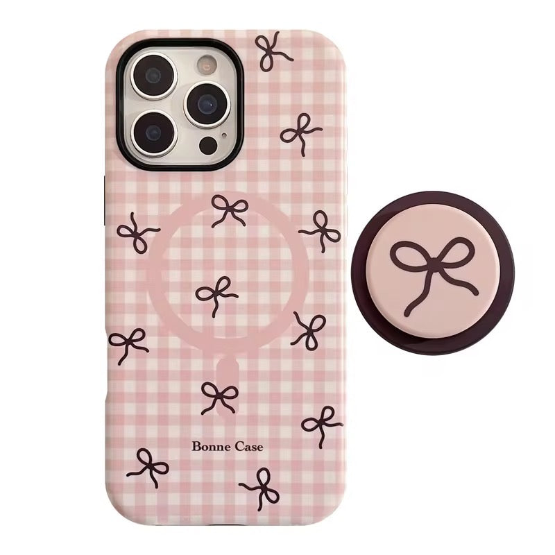 Cute Pink Blue Bow Glossy Plaid Magnetic Phone Holder iPhone Pre-Order Case
