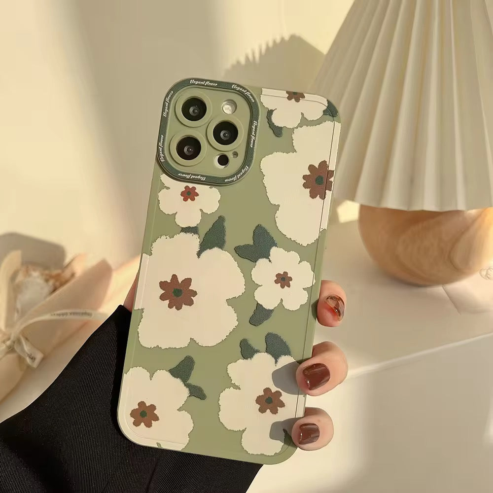 White Floral Flower Green Soft Rubber Silicone iPhone Case