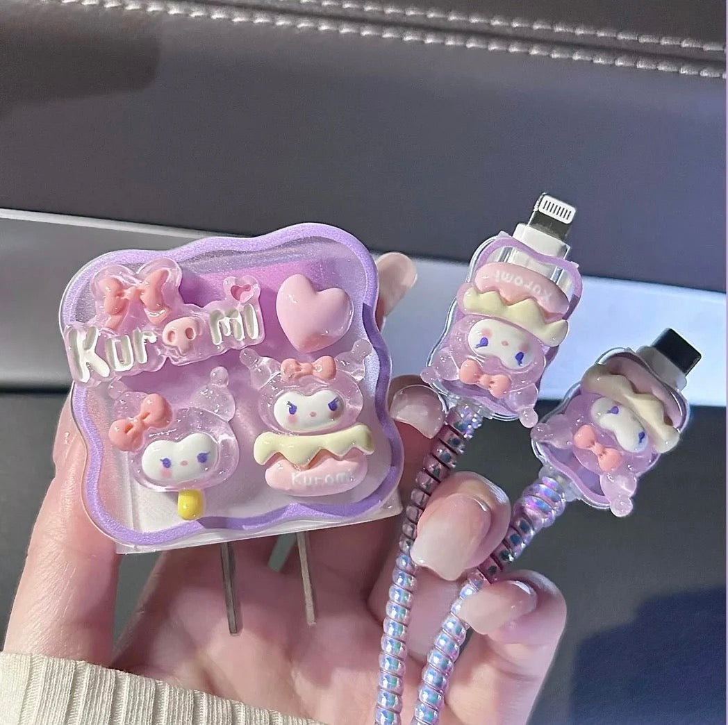 Kuromi Purple iPhone Adapter Charger Cable Wire Protector Set