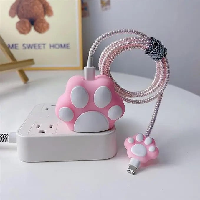 Pink Paw iPhone Adapter Charger Cable Wire Protector Set