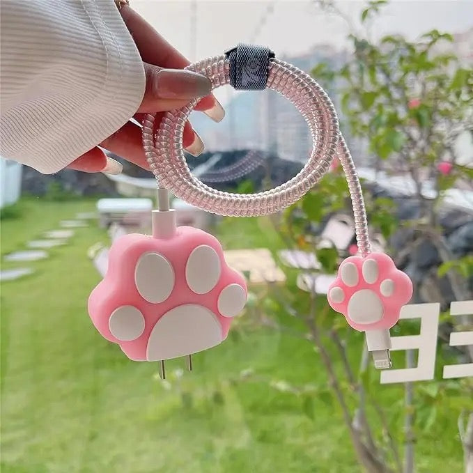 Pink Paw iPhone Adapter Charger Cable Wire Protector Set