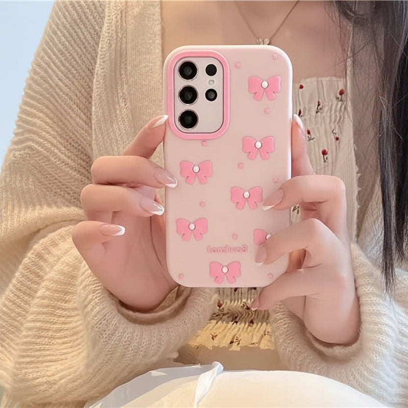 3D iPhone Samsung Redmi Pink Kawaii Pearl Bow Pre-Order Phone Holder Stand Rubber Silicone Case