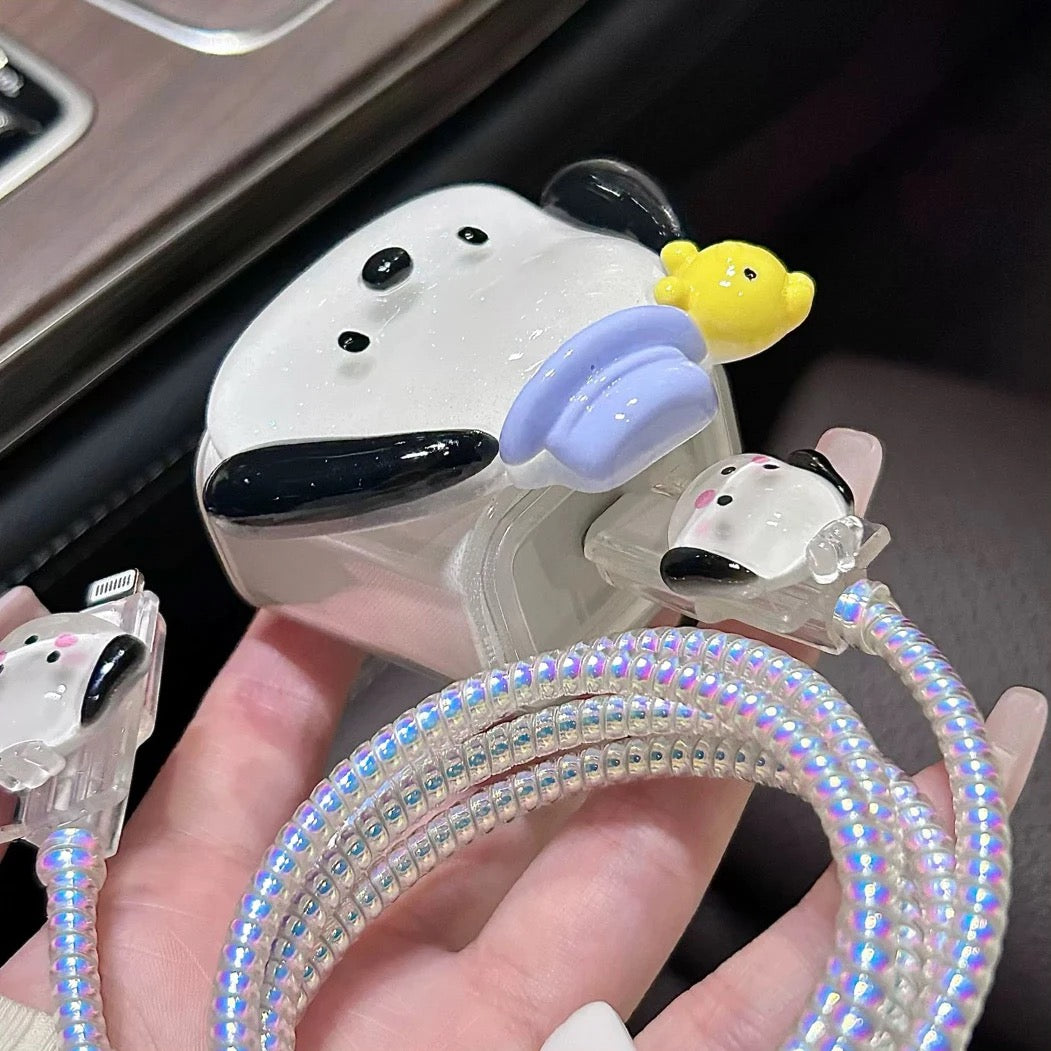 Cute 3D Cartoon Dog iPhone Adapter Charger Cable Wire Protector Set