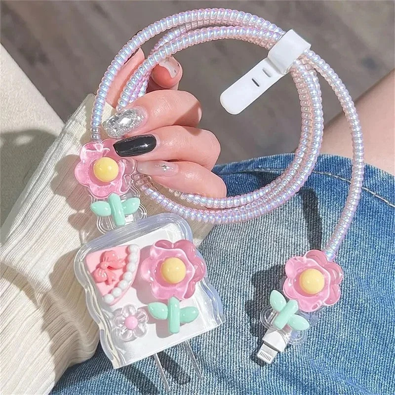 3D Floral Flower Trendy iPhone Adapter Charger Cable Wire Protector Set