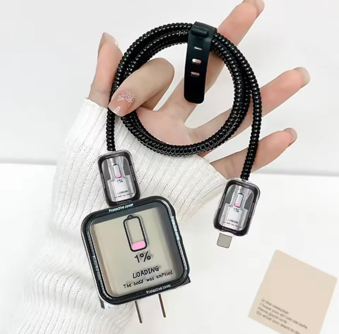 Trendy Battery Drained Transparent Adapter Charger Cable Wire Protector Set