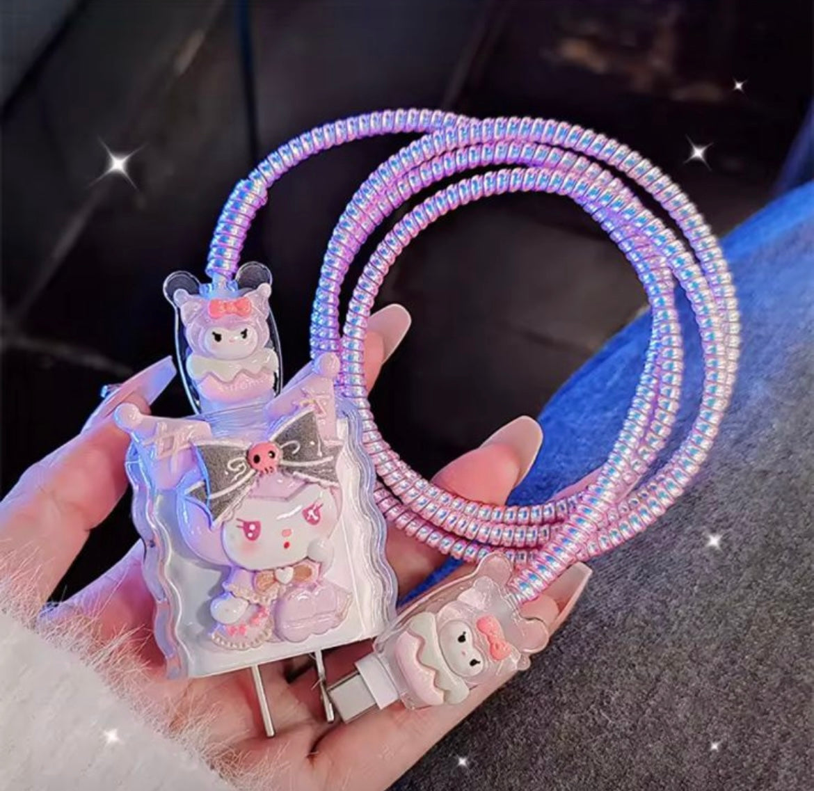 3D Kuromi New Purple iPhone Transparent Adapter Charger Cable Wire Protector Set