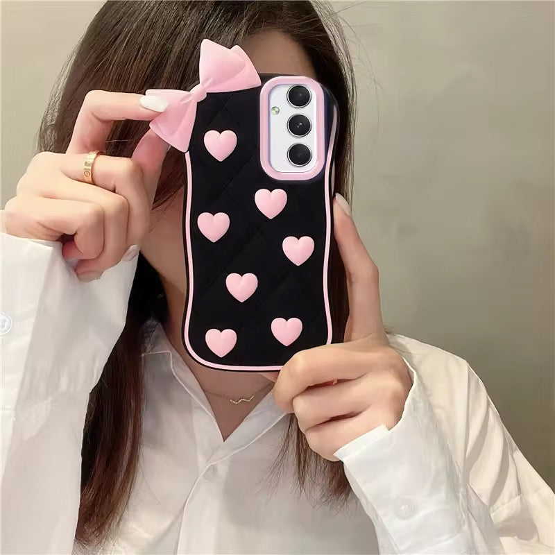 3D iPhone Samsung Vivo Pre-Order Black Pink Heart Bow Rubber Silicone Case
