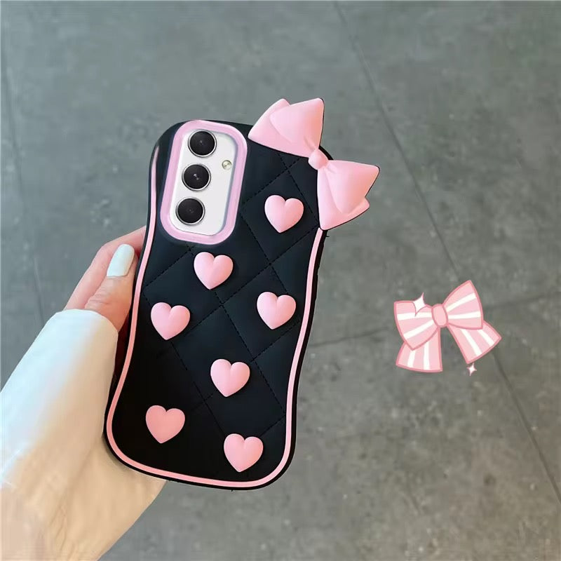 3D iPhone Samsung Vivo Pre-Order Black Pink Heart Bow Rubber Silicone Case