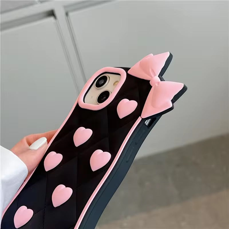 3D iPhone Samsung Vivo Pre-Order Black Pink Heart Bow Rubber Silicone Case