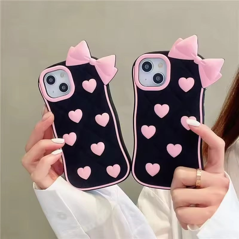 3D iPhone Samsung Vivo Pre-Order Black Pink Heart Bow Rubber Silicone Case