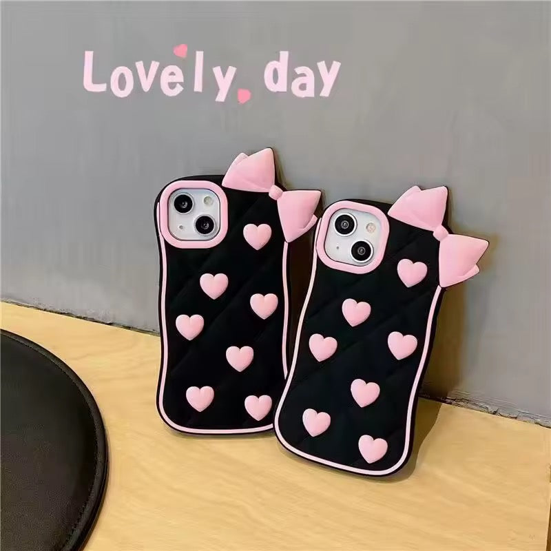 3D iPhone Samsung Vivo Pre-Order Black Pink Heart Bow Rubber Silicone Case