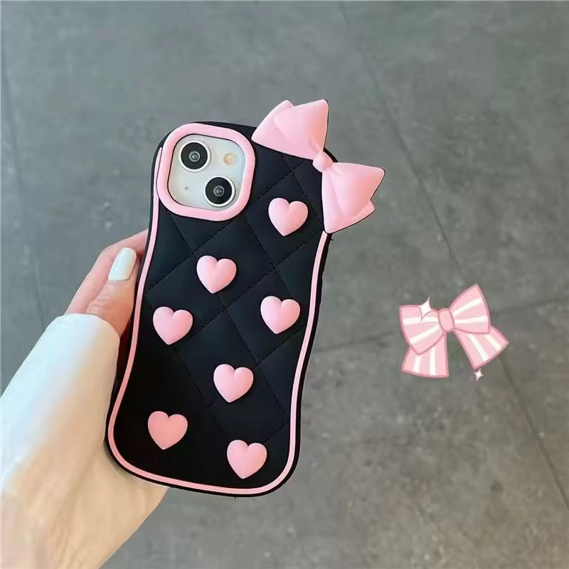 3D iPhone Samsung Vivo Pre-Order Black Pink Heart Bow Rubber Silicone Case