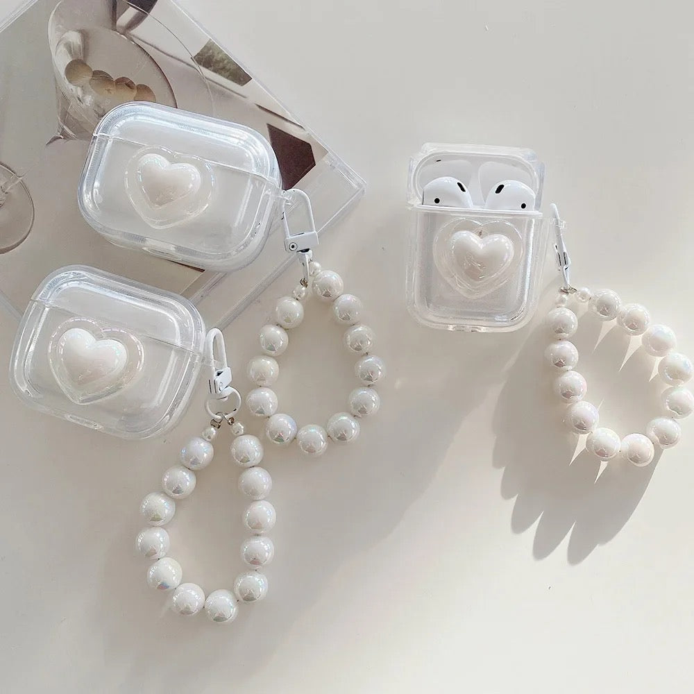 3D White Heart Transparent Airpod Case With Pearl Lanyard