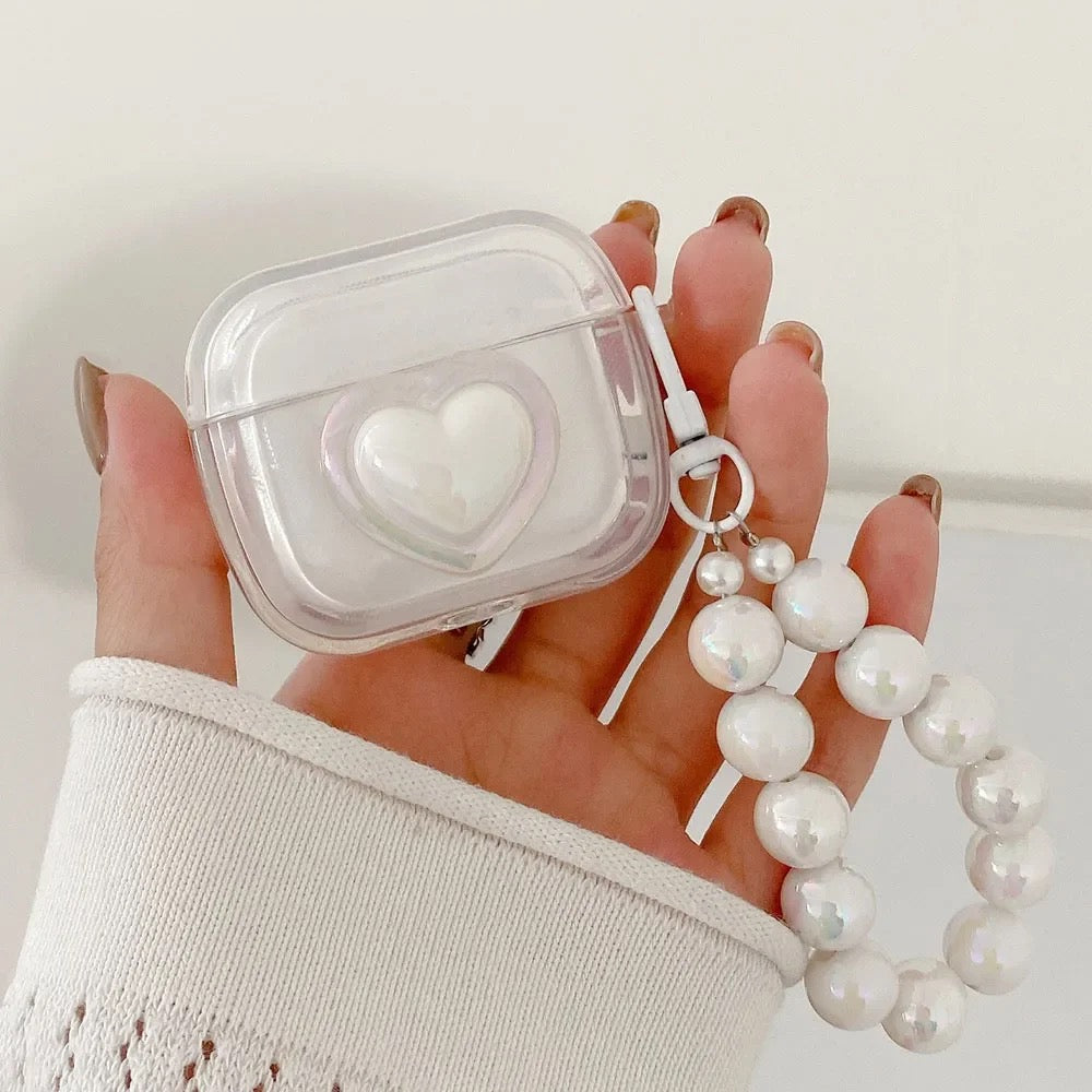 3D White Heart Transparent Airpod Case With Pearl Lanyard