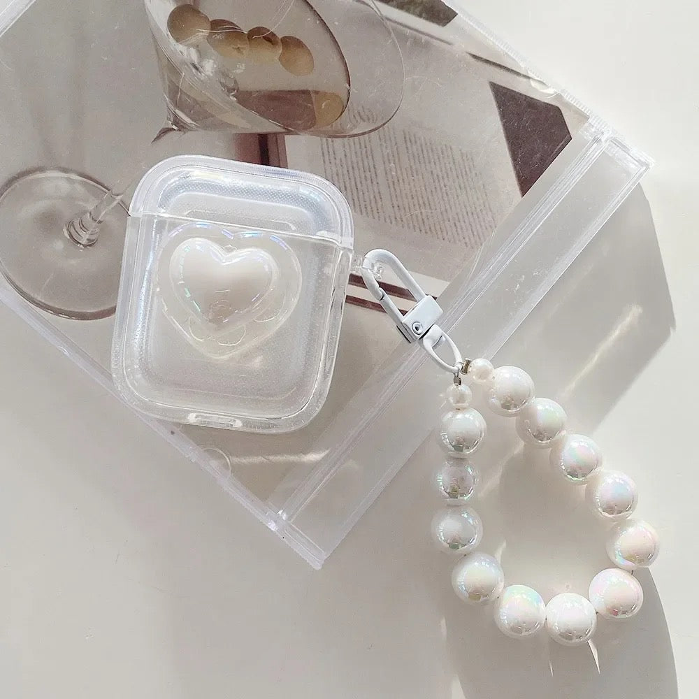 3D White Heart Transparent Airpod Case With Pearl Lanyard