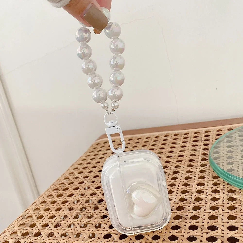 3D White Heart Transparent Airpod Case With Pearl Lanyard