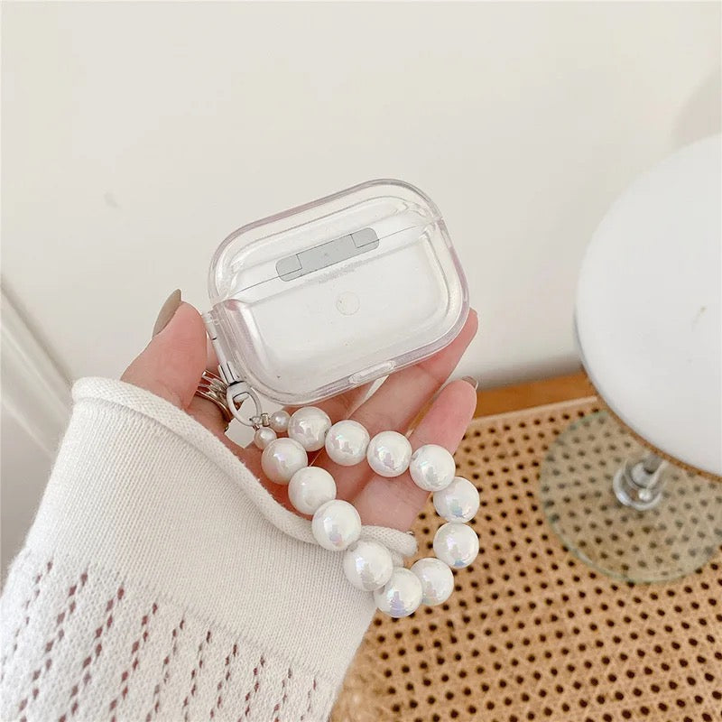 3D White Heart Transparent Airpod Case With Pearl Lanyard