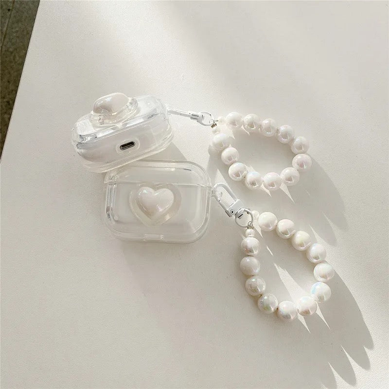 3D White Heart Transparent Airpod Case With Pearl Lanyard