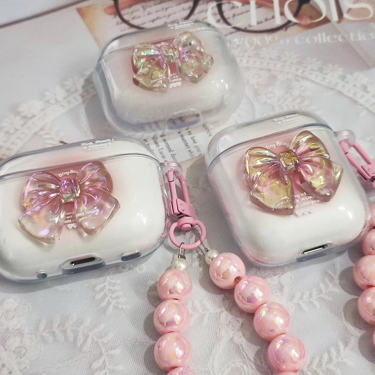 3D Pink Bow With Lanyard Transparent Airpod Case