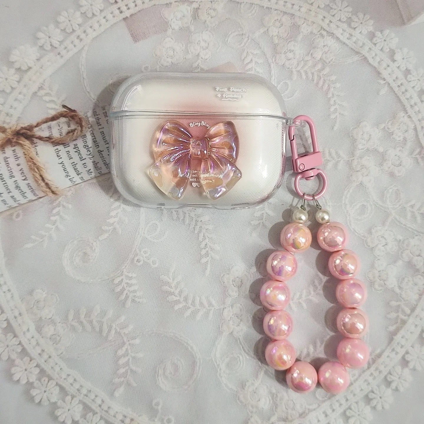 3D Pink Bow With Lanyard Transparent Airpod Case