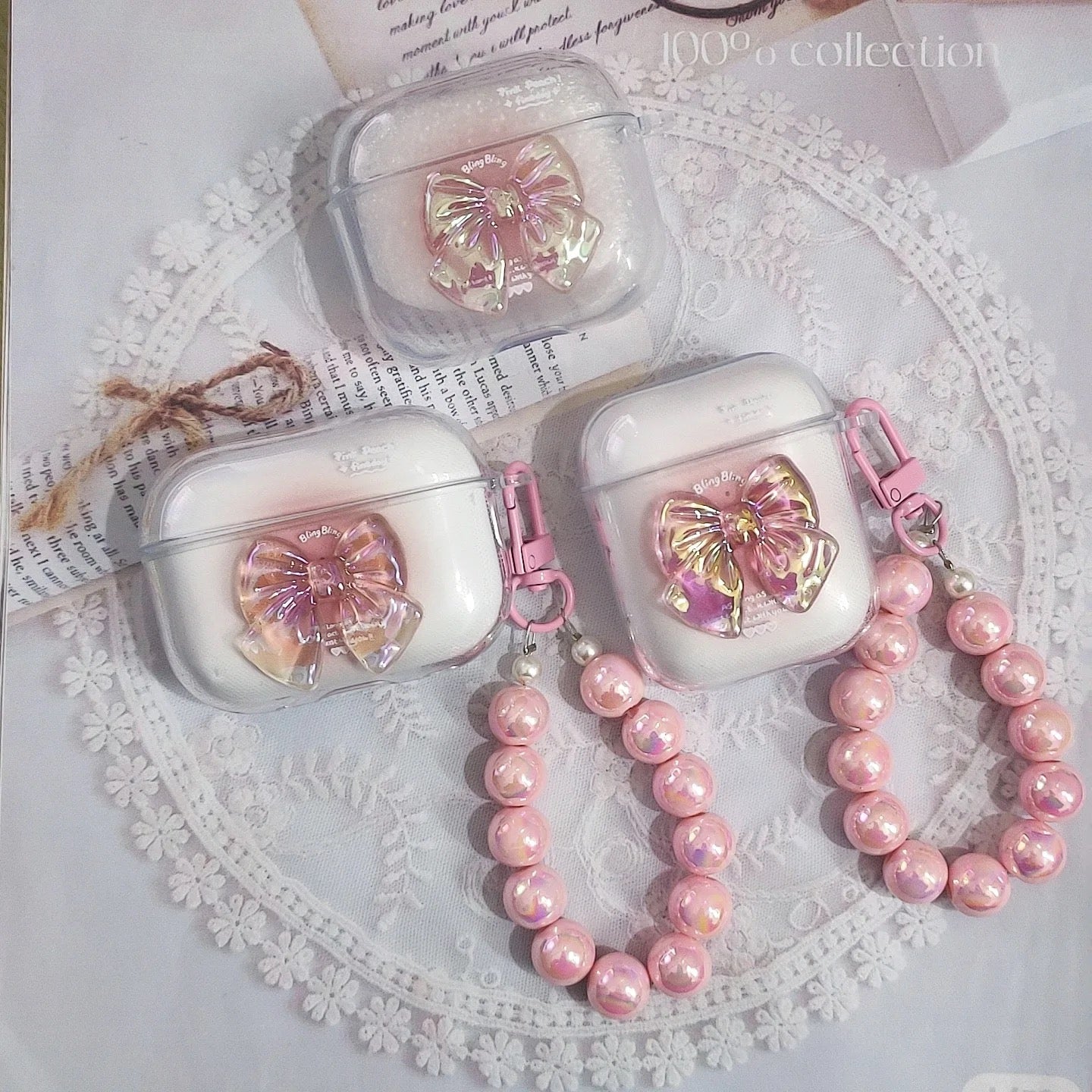 3D Pink Bow With Lanyard Transparent Airpod Case