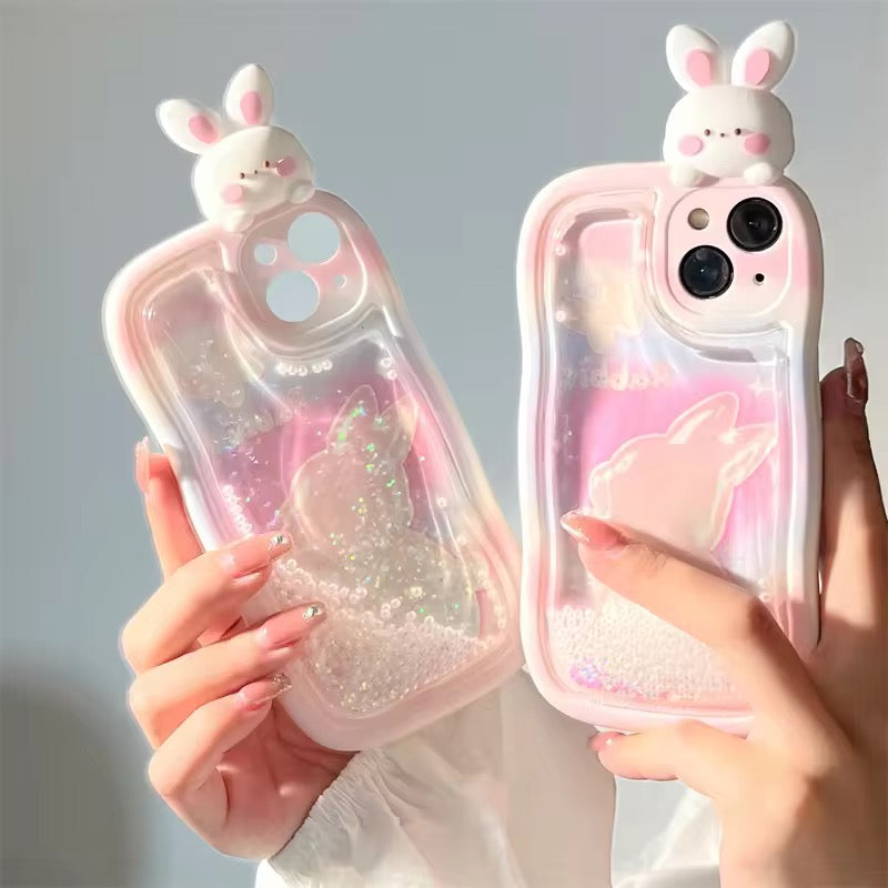 Cute Pink 3D Bunny White Fluid Rubber Silicone Case For iPhone 13 & iPhone 14