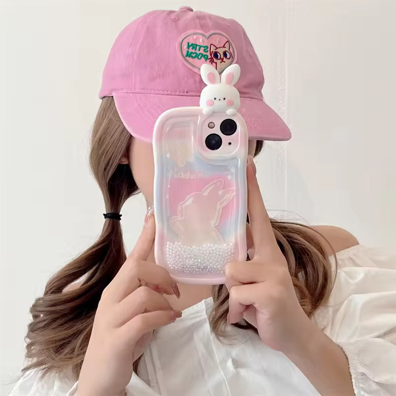 Cute Pink 3D Bunny White Fluid Rubber Silicone Case For iPhone 13 & iPhone 14