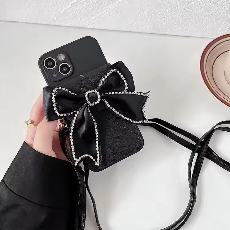 Black Wallet Crossbody Bracelet Diamond Bow Leather Case