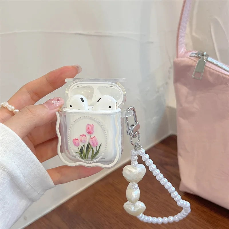 Pink Tulip White Bracelet Transparent Airpod Case