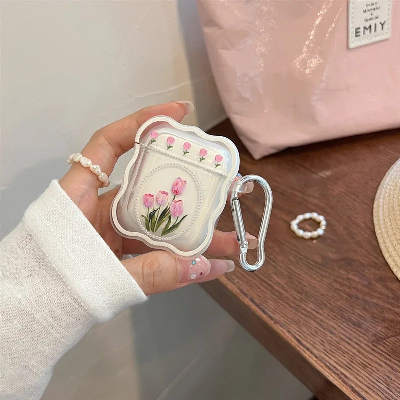 Pink Tulip White Bracelet Transparent Airpod Case