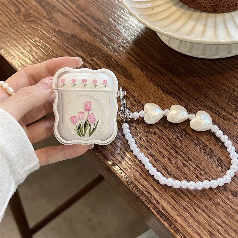 Pink Tulip White Bracelet Transparent Airpod Case