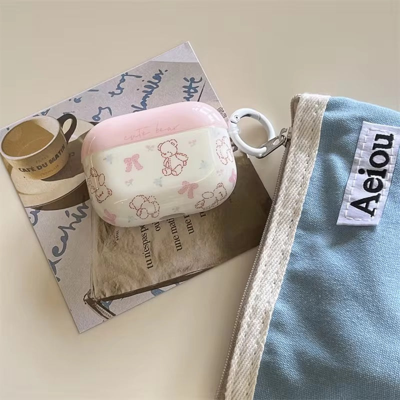 White Pink Teddy Bear Airpod Glossy Case
