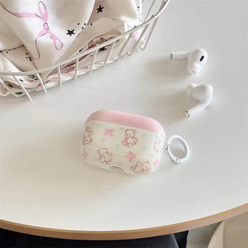 White Pink Teddy Bear Airpod Glossy Case