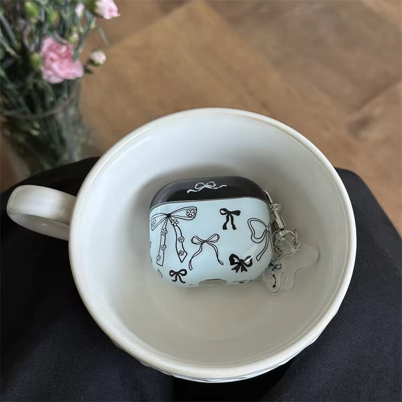 Trendy Blue Black Bow Airpod Glossy Case With Hanging