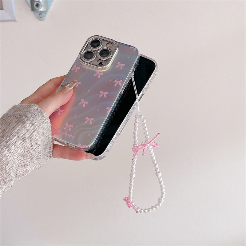 Silver Blue Ray Pink Bow Bumper Camera Protection iPhone Case With Bow Lanyard