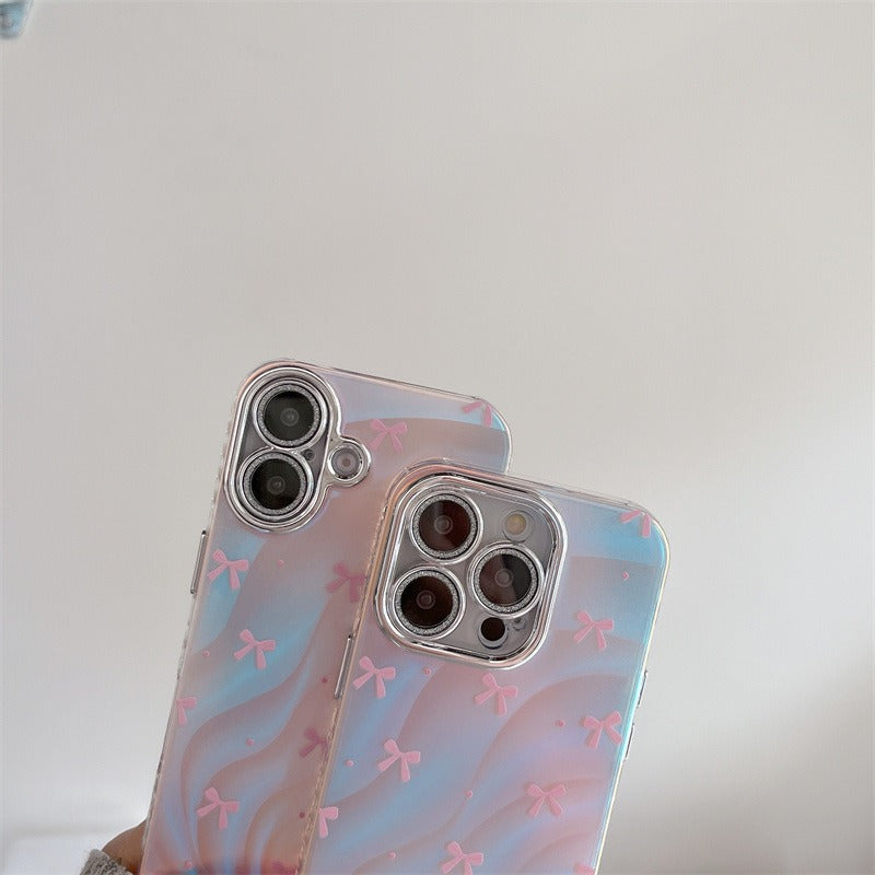 Silver Blue Ray Pink Bow Bumper Camera Protection iPhone Case With Bow Lanyard