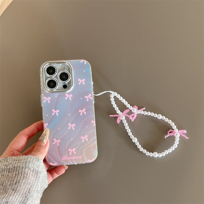 Silver Blue Ray Pink Bow Bumper Camera Protection iPhone Case With Bow Lanyard