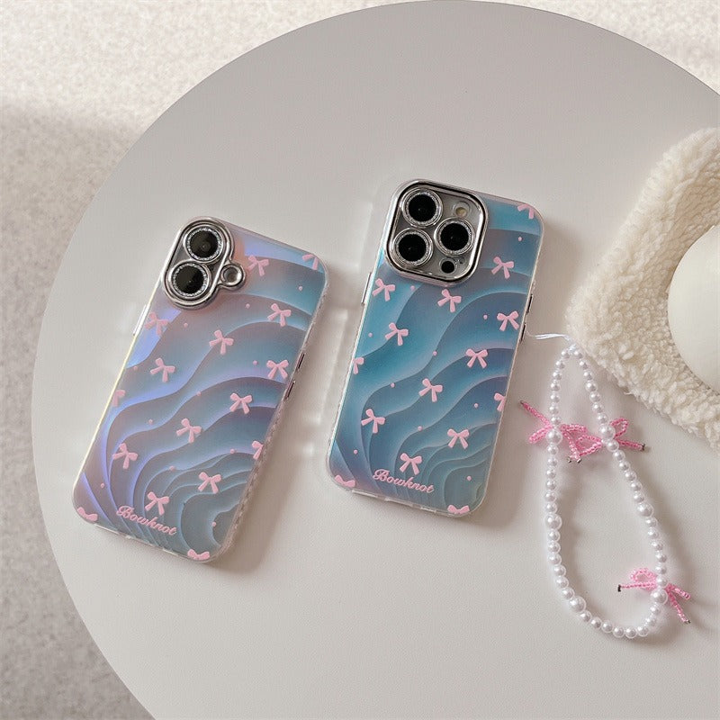Silver Blue Ray Pink Bow Bumper Camera Protection iPhone Case With Bow Lanyard