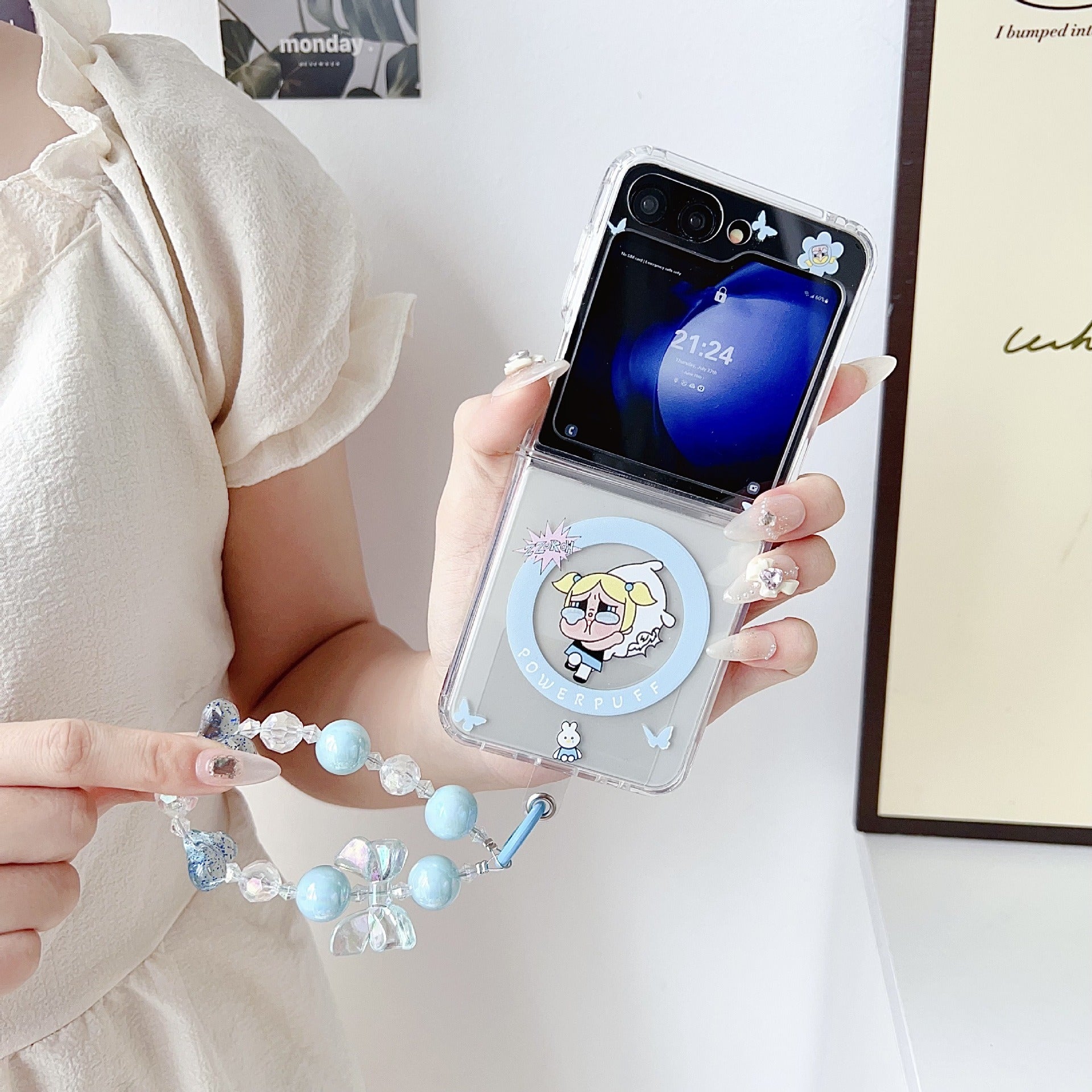 Powerpuff Girls Magsafe Transparent Samsung Z Flip Case With Round Bracelet Lanyard