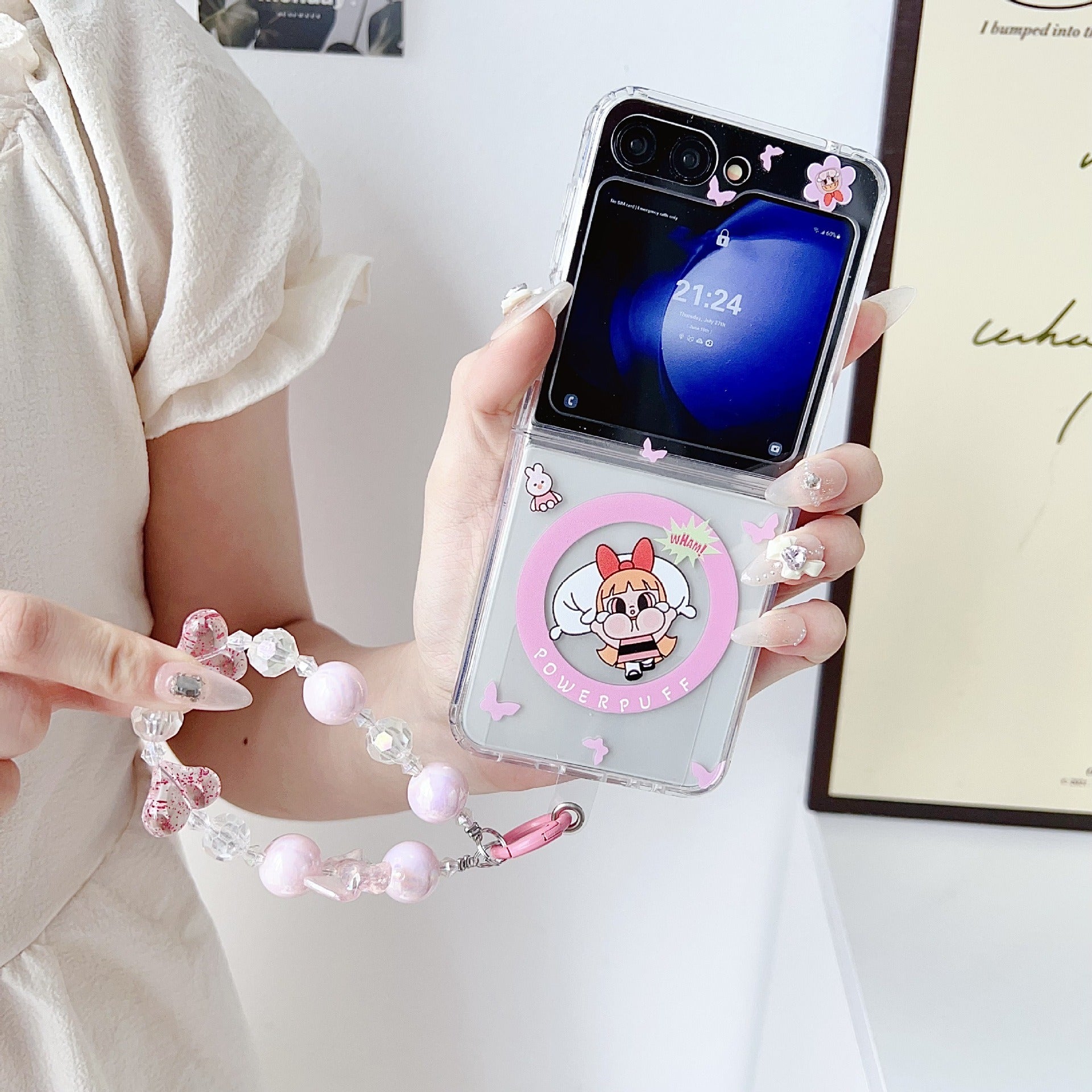 Powerpuff Girls Magsafe Transparent Samsung Z Flip Case With Round Bracelet Lanyard