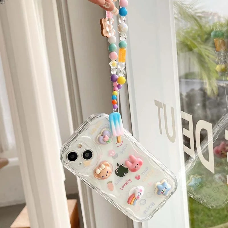 3D Cute Cartoon Transparent Clear iPhone Bracelet Lanyard Case