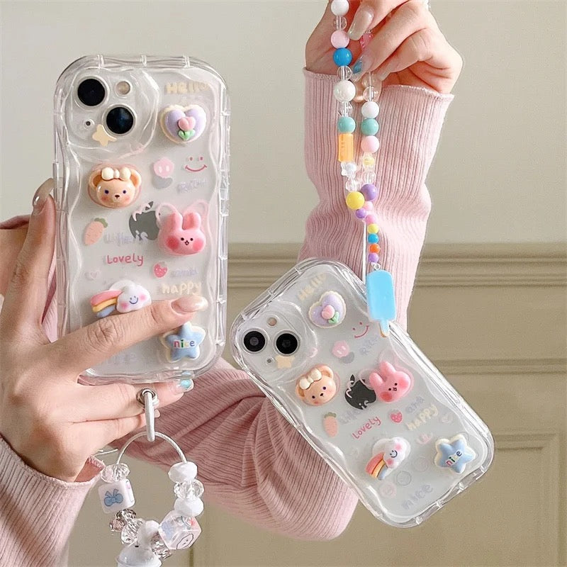 3D Cute Cartoon Transparent Clear iPhone Bracelet Lanyard Case