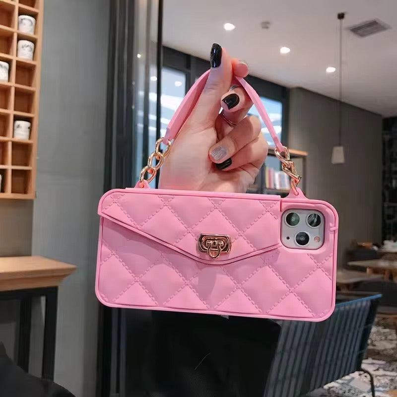 Luxury Rubber Wallet iPhone Soft Silicone Case With Pearl Chain Crossbody