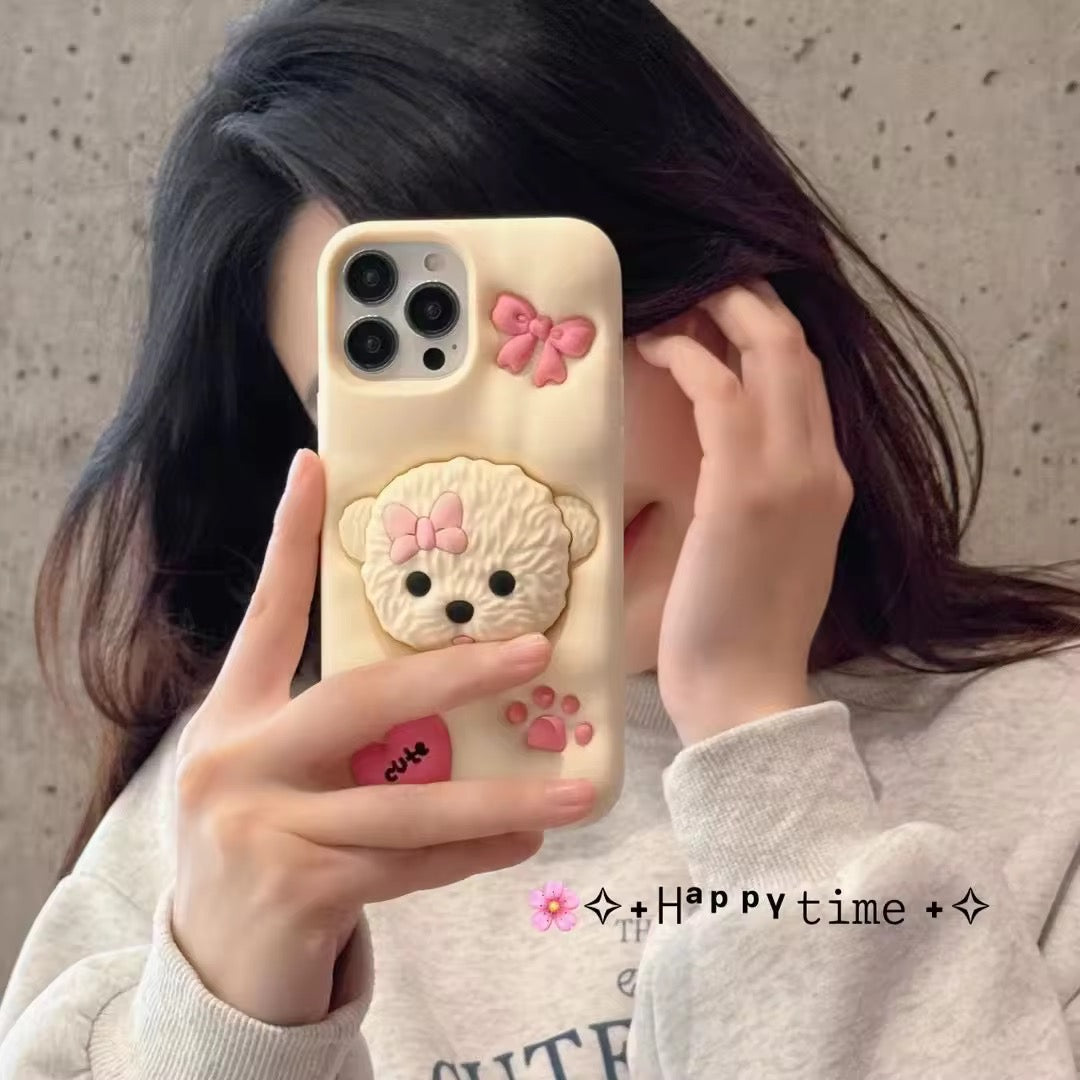 3D Cute Cartoon Teddy Dog Phone Holder Trending Shockproof Rubber Silicone iPhone Case
