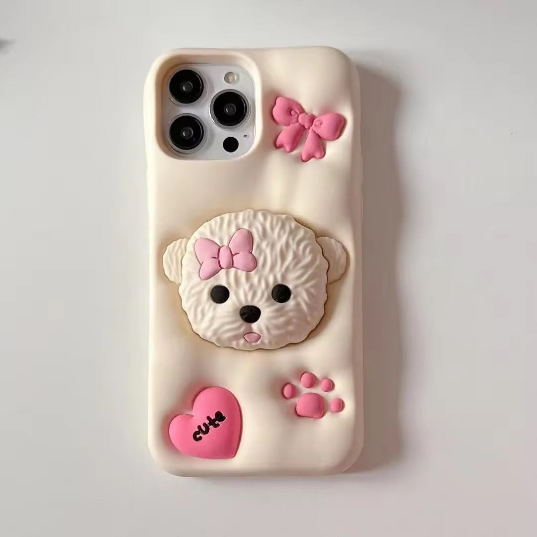 3D Cute Cartoon Teddy Dog Phone Holder Trending Shockproof Rubber Silicone iPhone Case