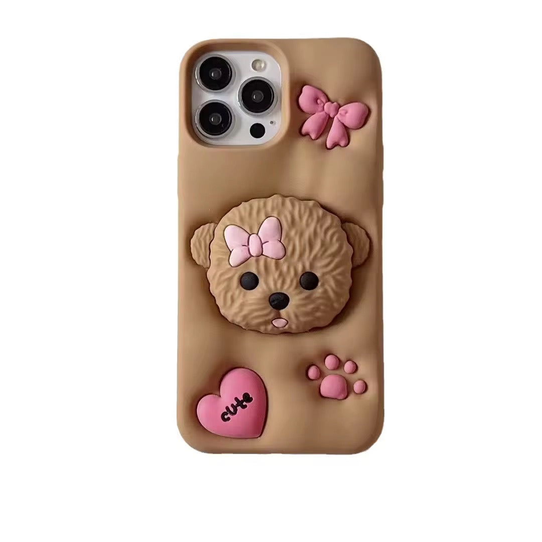 3D Cute Cartoon Teddy Dog Phone Holder Trending Shockproof Rubber Silicone iPhone Case