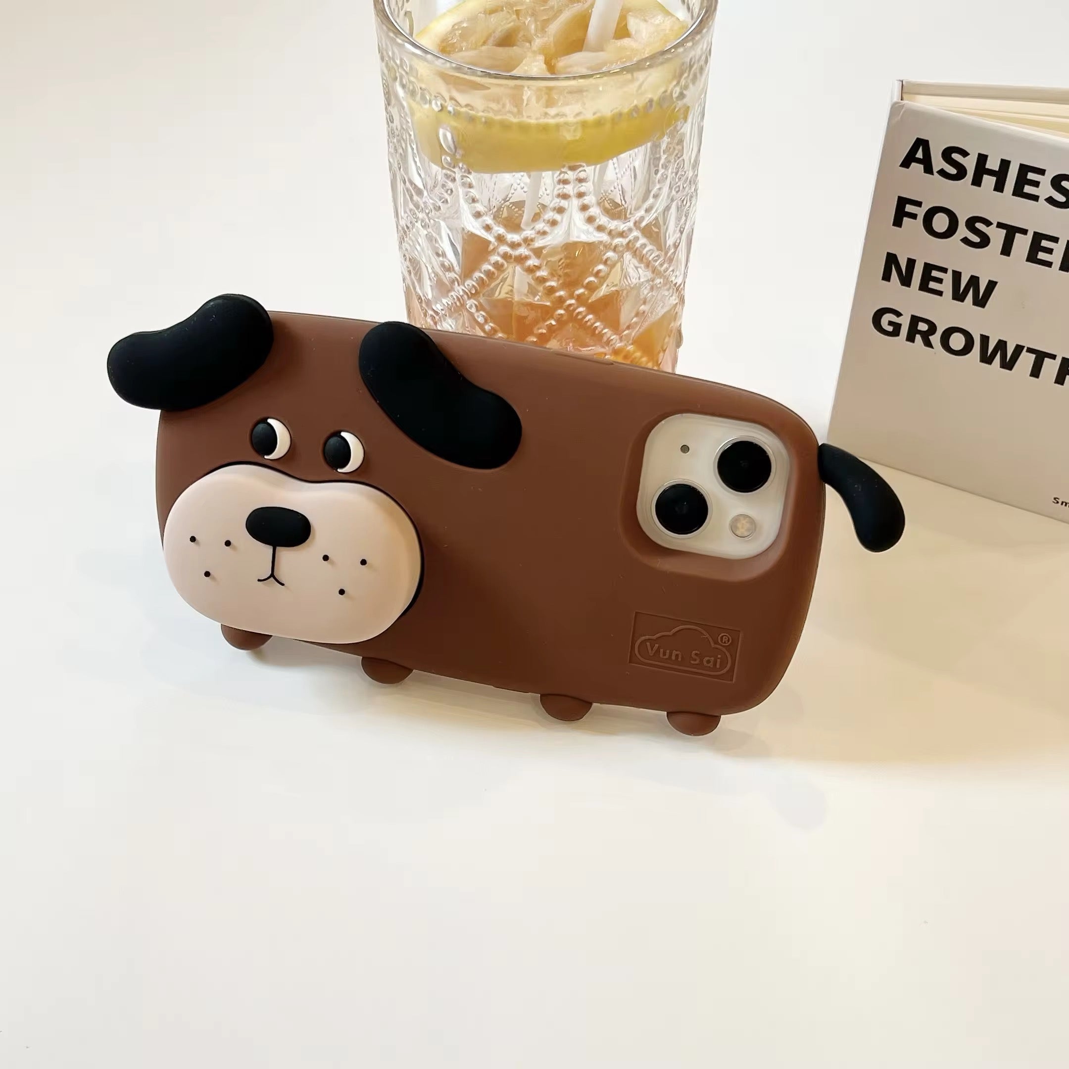 3D Cute Standing Brown Dog Phone Holder Trending Shockproof Rubber Silicone iPhone Case