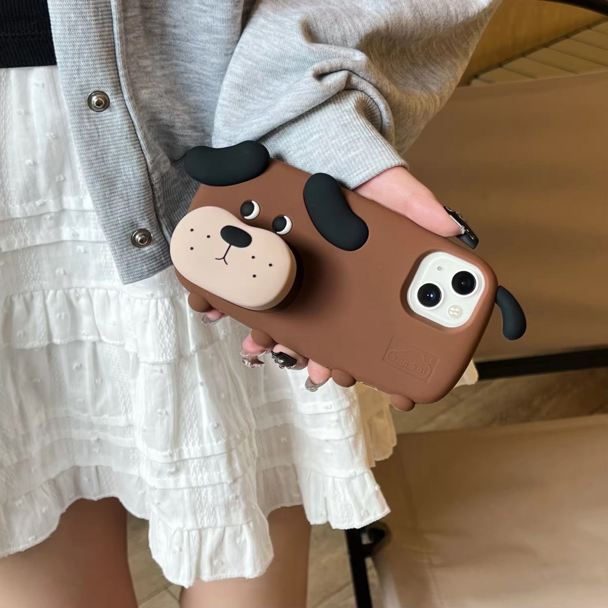 3D Cute Standing Brown Dog Phone Holder Trending Shockproof Rubber Silicone iPhone Case