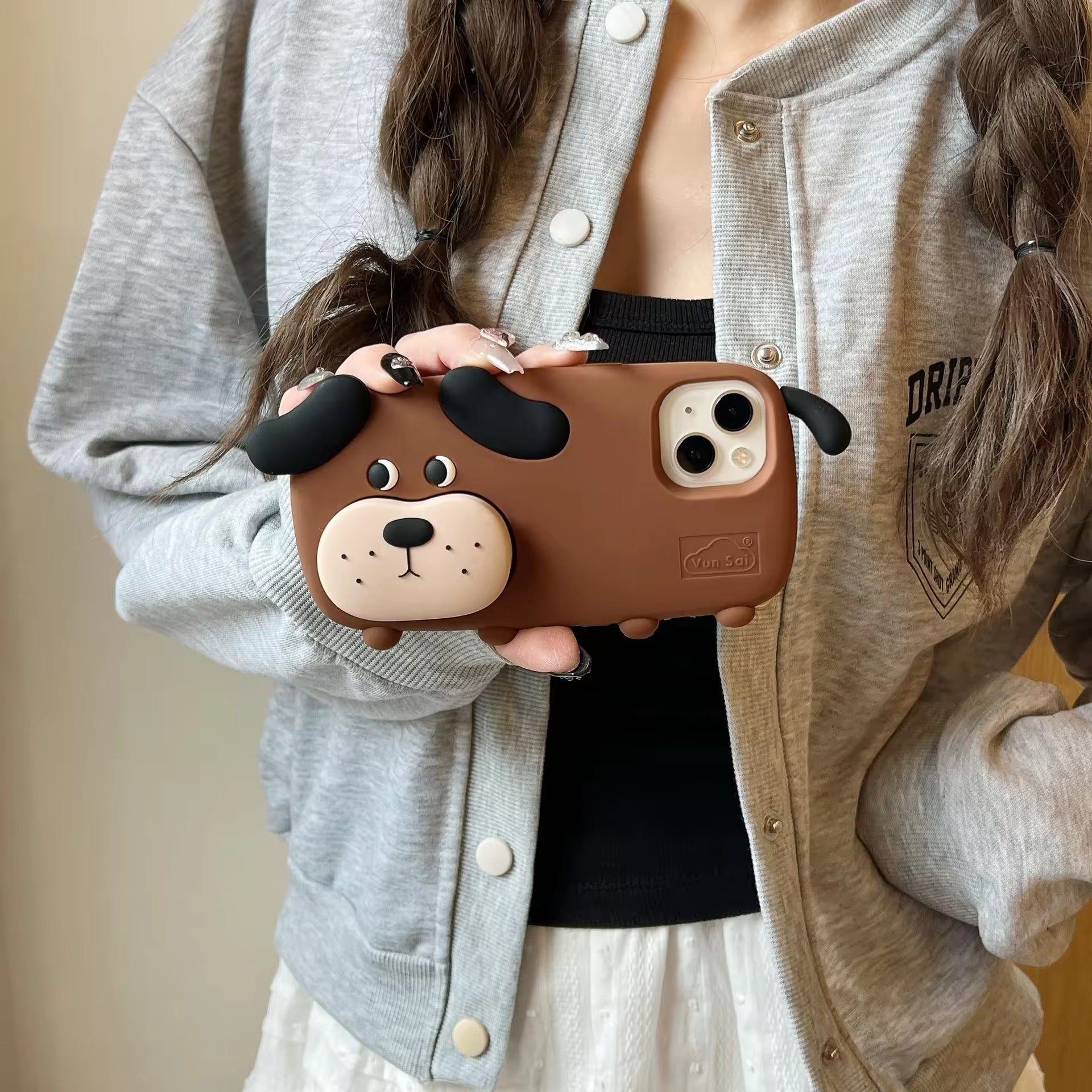 3D Cute Standing Brown Dog Phone Holder Trending Shockproof Rubber Silicone iPhone Case