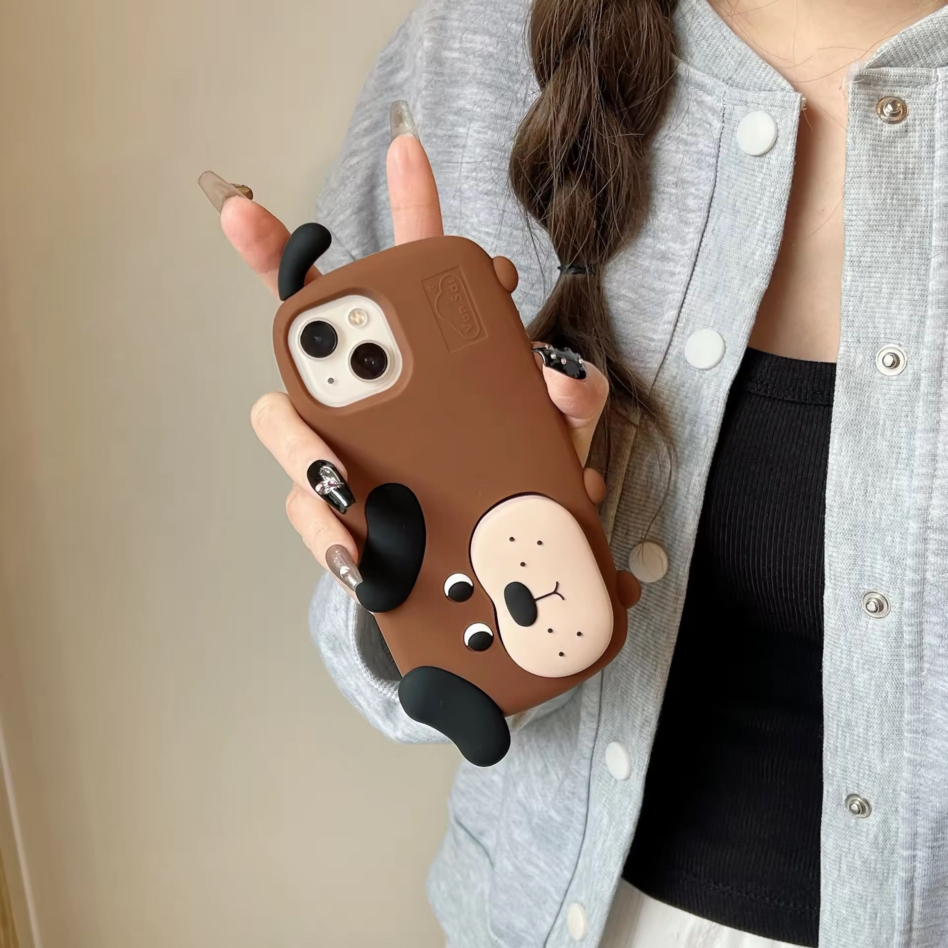 3D Cute Standing Brown Dog Phone Holder Trending Shockproof Rubber Silicone iPhone Case